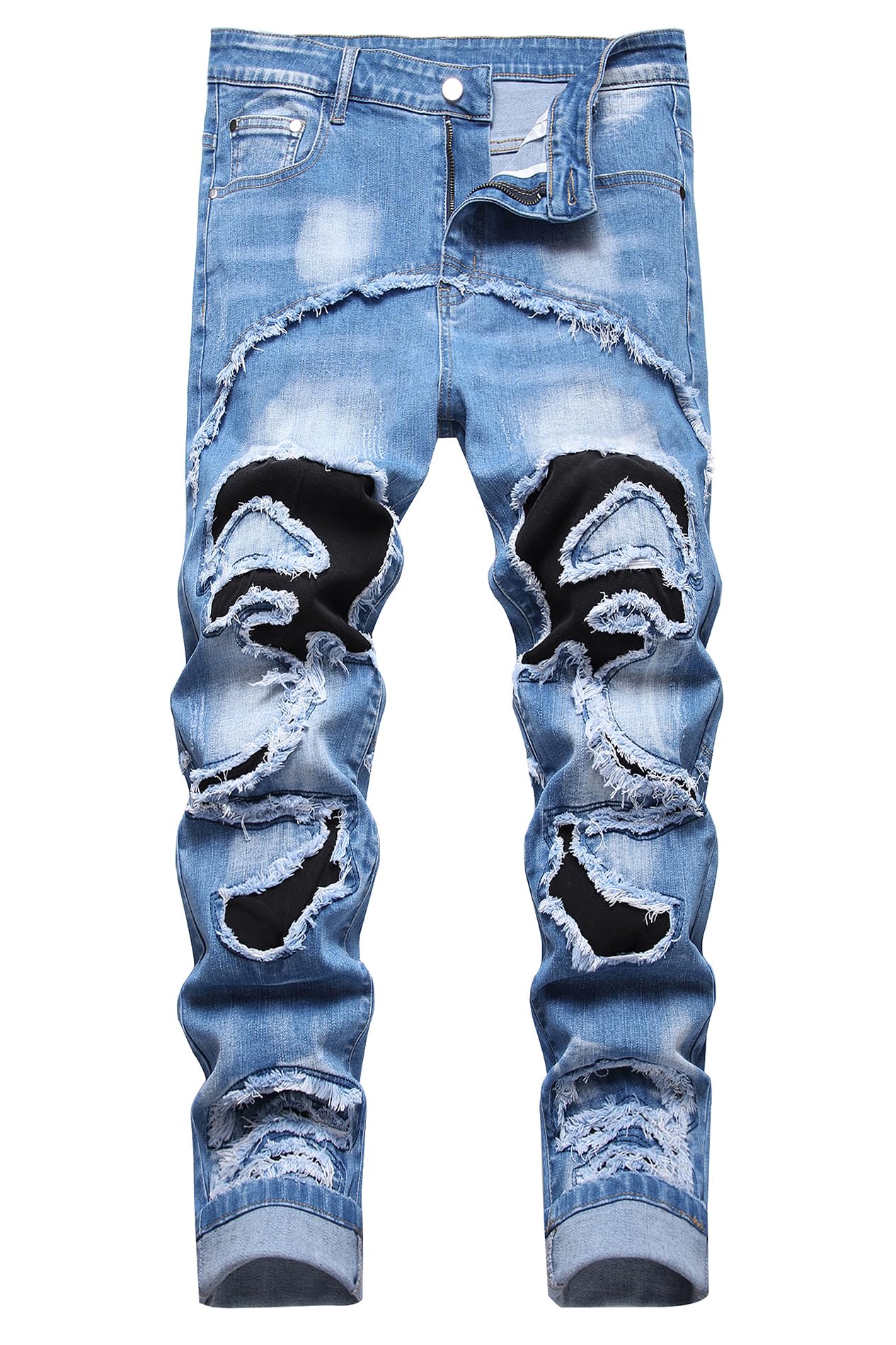 Baylvn Men's Designer Straight Slim Fit Patchwork Jeans Comfort Skinny Biker Denim Pants