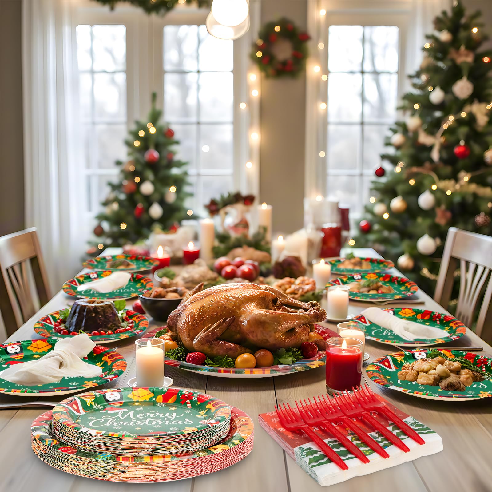 100 Pcs Merry Christmas Plates and Napkins Sets - Cute Winter Christmas Round Tableware, Disposable Chrismas Paper Plates and Napkins Forks for Xmas Party Supplies Favors Table Decor, Serves 25