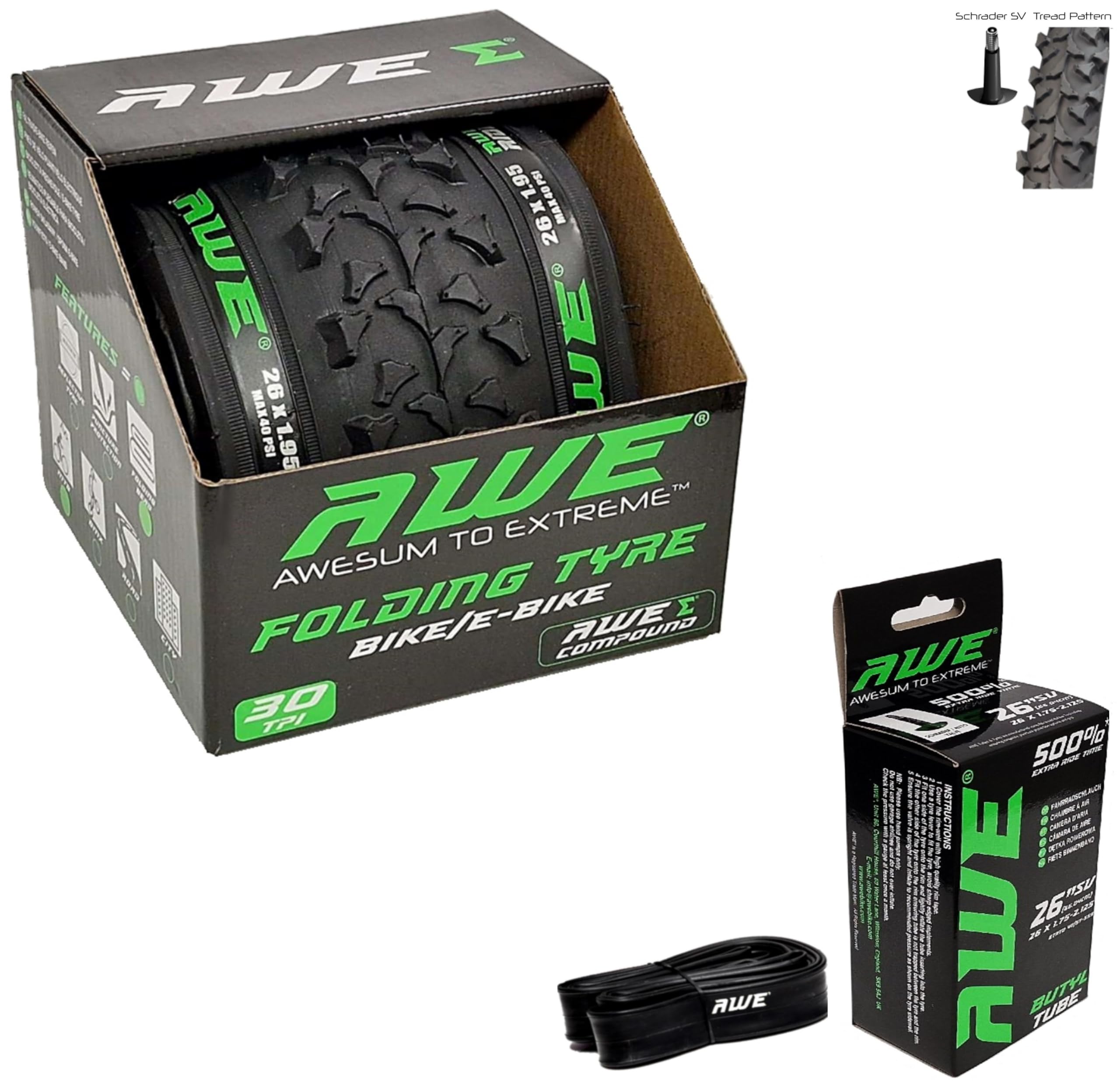 1 x AWE AWERide Folding Tyre 26 x 1.95 cm MTB and 1 x AWE Inner Tube 26" x 1.75-2.125 Schrader Valve, Tyre/Tube set for MTB