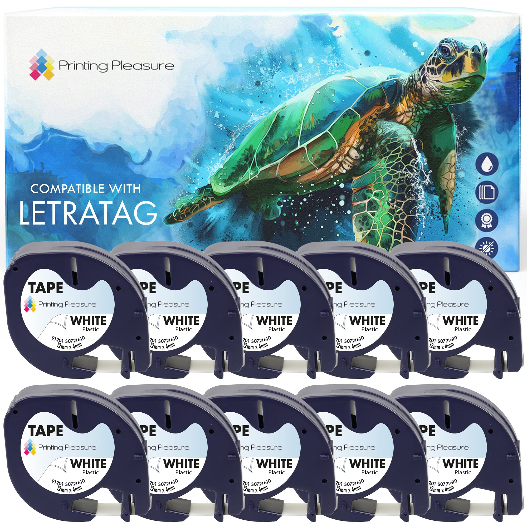 10x Compatible with LetraTag 91201 Black on White (12mm x 4m) Plastic Label Tapes for LetraTag LT-100H, LT-100T, LT-110T, QX 50, XR, XM, 2000, Plus Label Makers