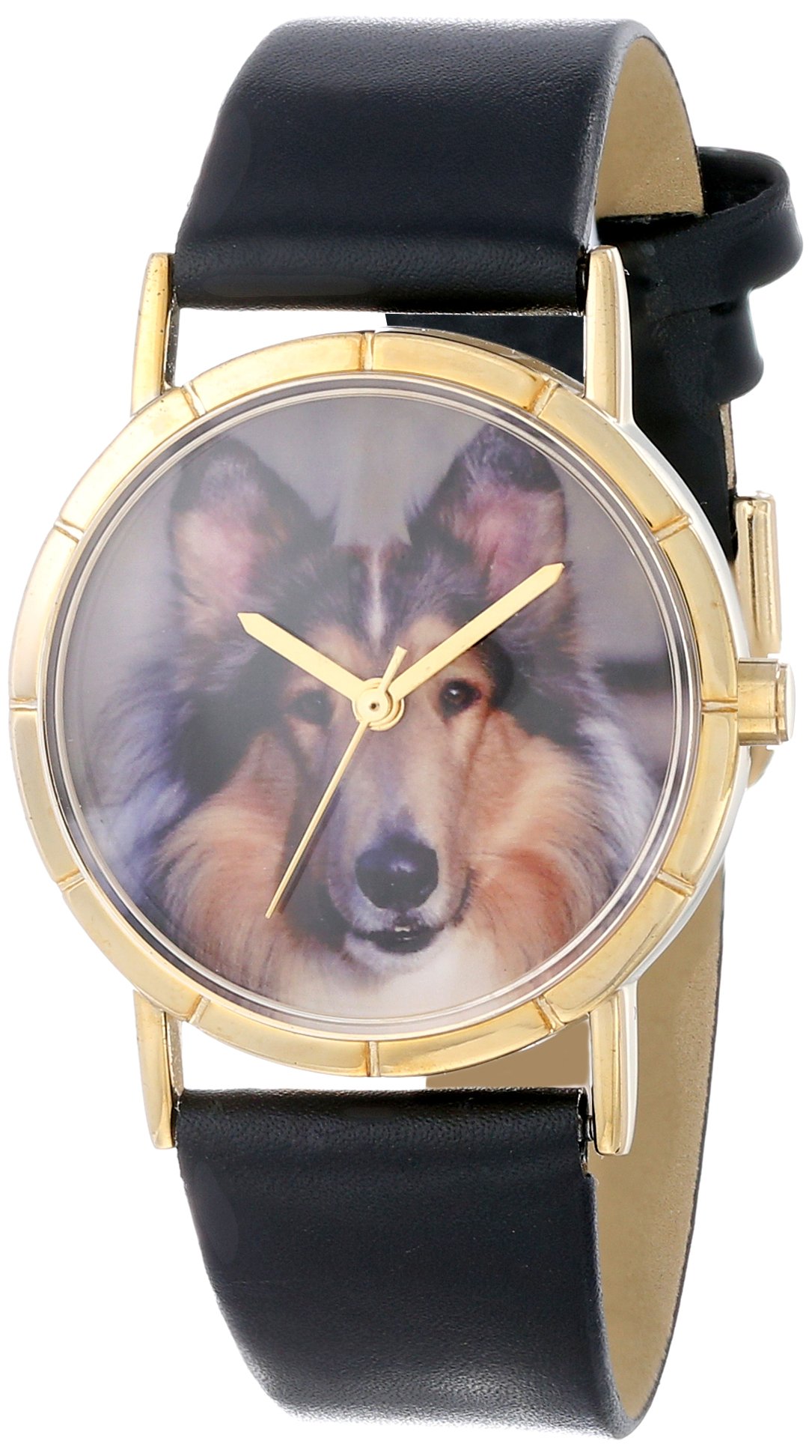 Whimsical Watches Collie Black Leather and Goldtone Photo Unisex Quartz Watch with White Dial Analogue Display and Multicolour Leather Strap P-0130004