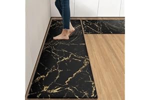 Arttown Marble Anti-Fatigue Kitchen Rug Set of 2 Black Gold Abstract Modern Cushioned Kitchen Floor Mat,Standing Mat Waterproof Non-Slip Kitchen Mat and Rug PVC Ergonomic Comfort Foam Rug
