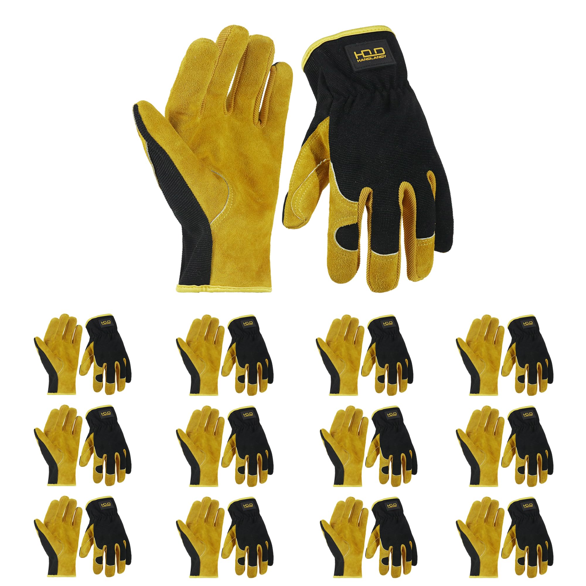 HANDLANDY Men Leather Gardening Gloves, Utility Work Gloves for Mechanics, Construction, Driver, Dexterity Breathable Design (Yellow, 2X-Large (Pack of 12)) Image