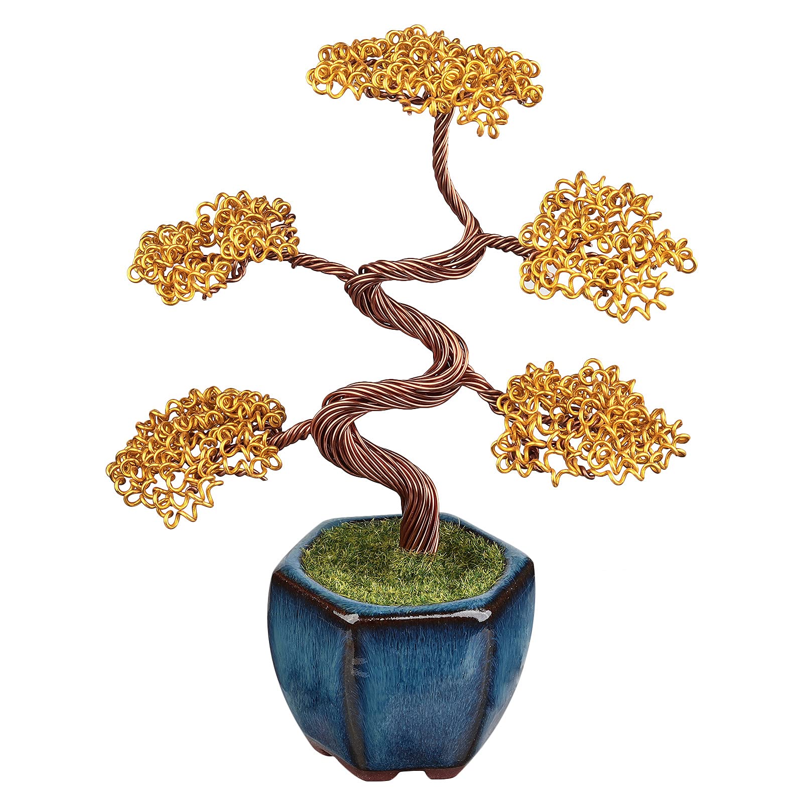 mookaitedecor Aluminium Wire Handmade Feng Shui Money Tree with Ceramic Vase, Reiki Healing Bonsai Tree Indoor Decoration for Prosperity Good Luck, Yellow