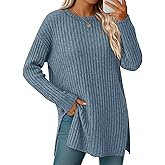 Velvelhall Oversized Sweaters for Women Lightweight Long Sleeve Crew Neck Ribbed Side Slit Loose Fall Top Pullover