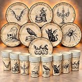 Rtteri 96 Pcs Gothic Halloween Party Supplies, Vintage Paper Plates Cups | Serves 48 Guests, Vintage Halloween Disposable Tableware, Spooky Halloween Party Decorations, Gothic Bats Skulls Witches,