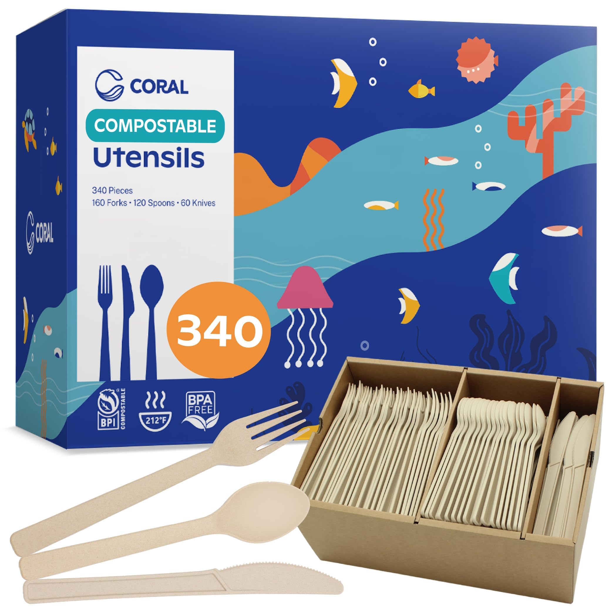 Photo 1 of CORAL Light Brown 100% Compostable Silverware Set 340 Pieces - Heavy Duty 160 Forks, 120 Spoons, 60 Knives Bulk - Break Resistant with Smooth Edges, Ocean Friendly Alternative to Plastic Utensils