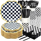 175Pcs Black and White Race Car Party Supplies Checkered Scalloped Paper Plates Set 9"& 7"Checkered Plates Napkins Cups Knive Fork Spoon for Race Car Themed Racing Birthday Party Decor Serve 25