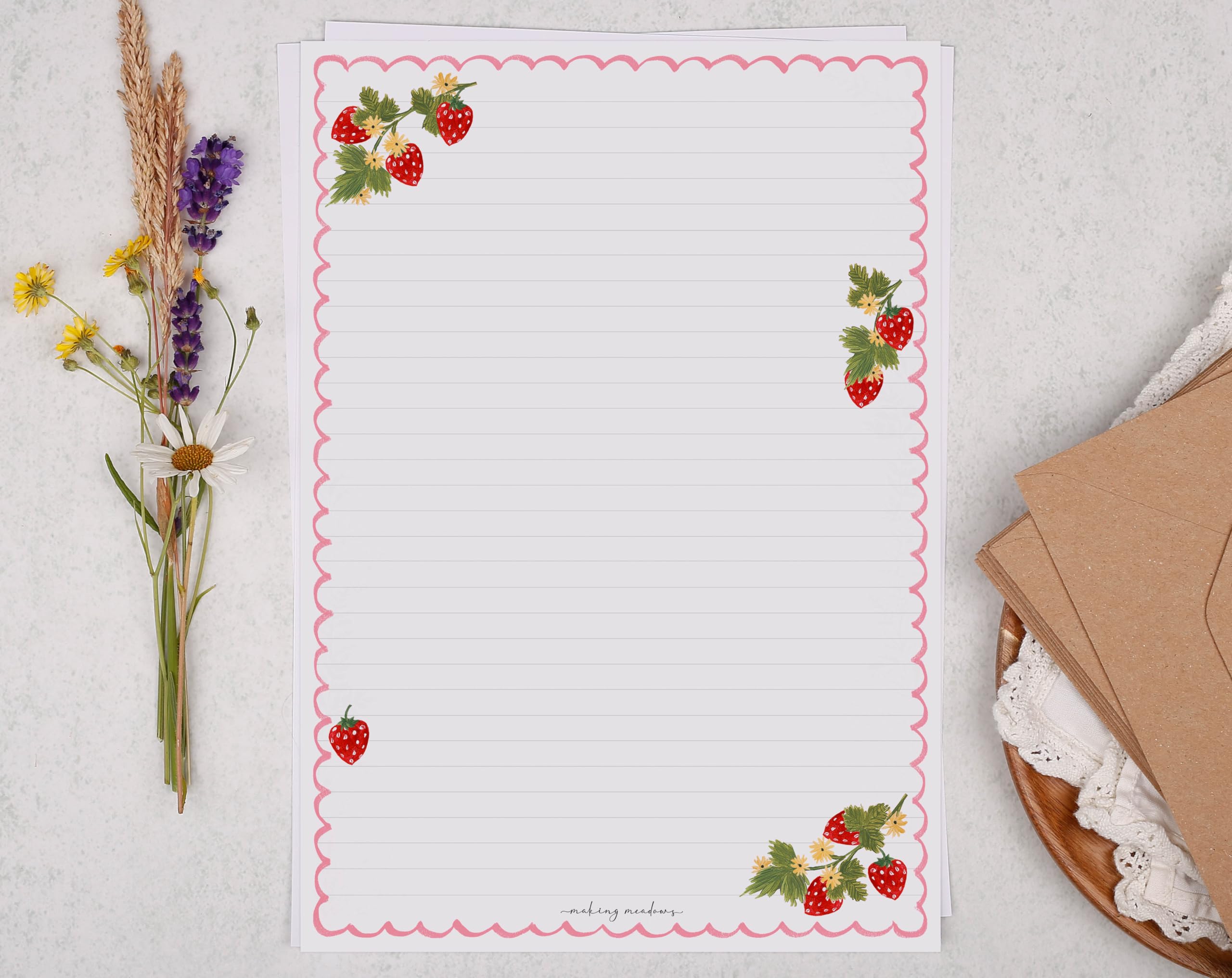 Making Meadows A4 Luxury Writing Paper Set Strawberry Design (20 Sheets & 10 Envelopes), Perfect for Letter Writing, Lined Writing Paper and Envelopes