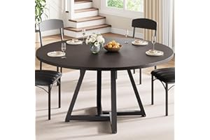 Jocoevol Round Kitchen Dining Room Table Circle Dining Dinner Table with Pedestal Metal Frame, Space Saving Wood Industrial Furniture for Small Space (Black, 47IN)