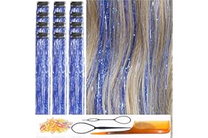 CelineBella Blue Tinsel Hair Clip In for Girls 24 Inch 80 Strands/Pcs for Party Festival Gift (24 Inch Pack of 12Pcs, Sapphire Blue)