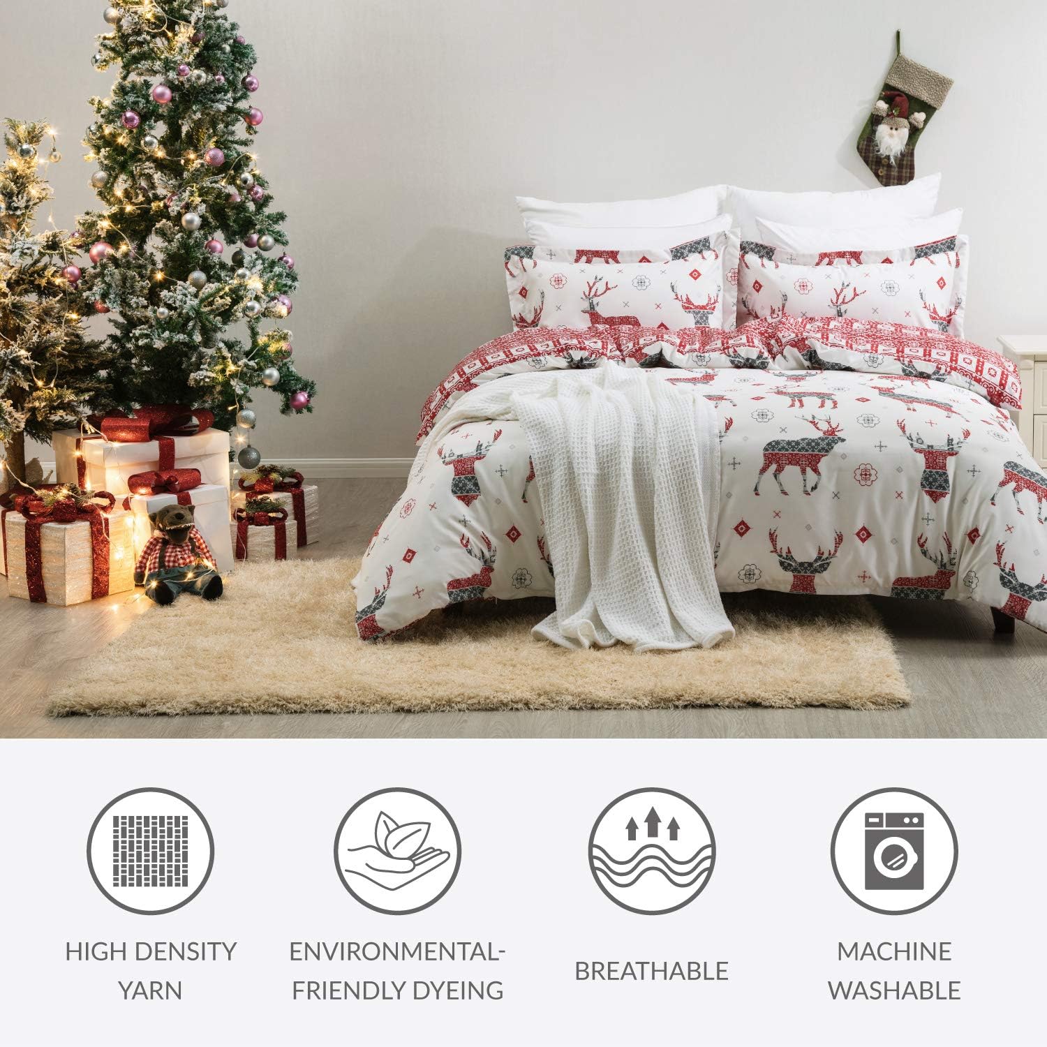 Bedsure Christmas Duvet Cover Set, Full/Queen (90×90 inches) - Reversible Reindeer Pattern - Soft Microfiber Comforter Cover, 3 Pieces Bedding with 1 Duvet Cover (No Comforter Insert), 2 Pillow Shams: Kitchen & Dining