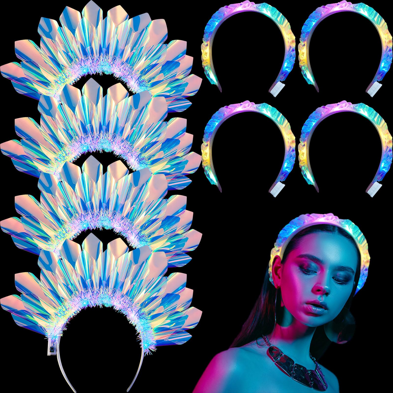 Photo 1 of 8 Pcs  Headbands Crown LED Halloween Glitter Headband Hoop Glow Rave Costume Headpiece for Women Tiara Party Birthday