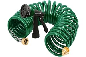 AUTOMAN Coil Garden Hose 25 ft, EVA Curly Water Hose with Brass Connectors, Recoil Garden Water Hose,Includes 7-Pattern Function Sprayer,Retractable,Corrosion Resistant Garden Coil Hose.