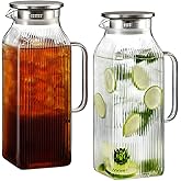 Snuvid 2 Pack 2 Liter/68 oz Square Glass Pitcher with Lid, Classic Stripes Water Pitchers with Handle for Fridge, Large Jug for Iced Tea, Borosilicate Glass Carafe for Hot/Cold Brew Drink, Silver