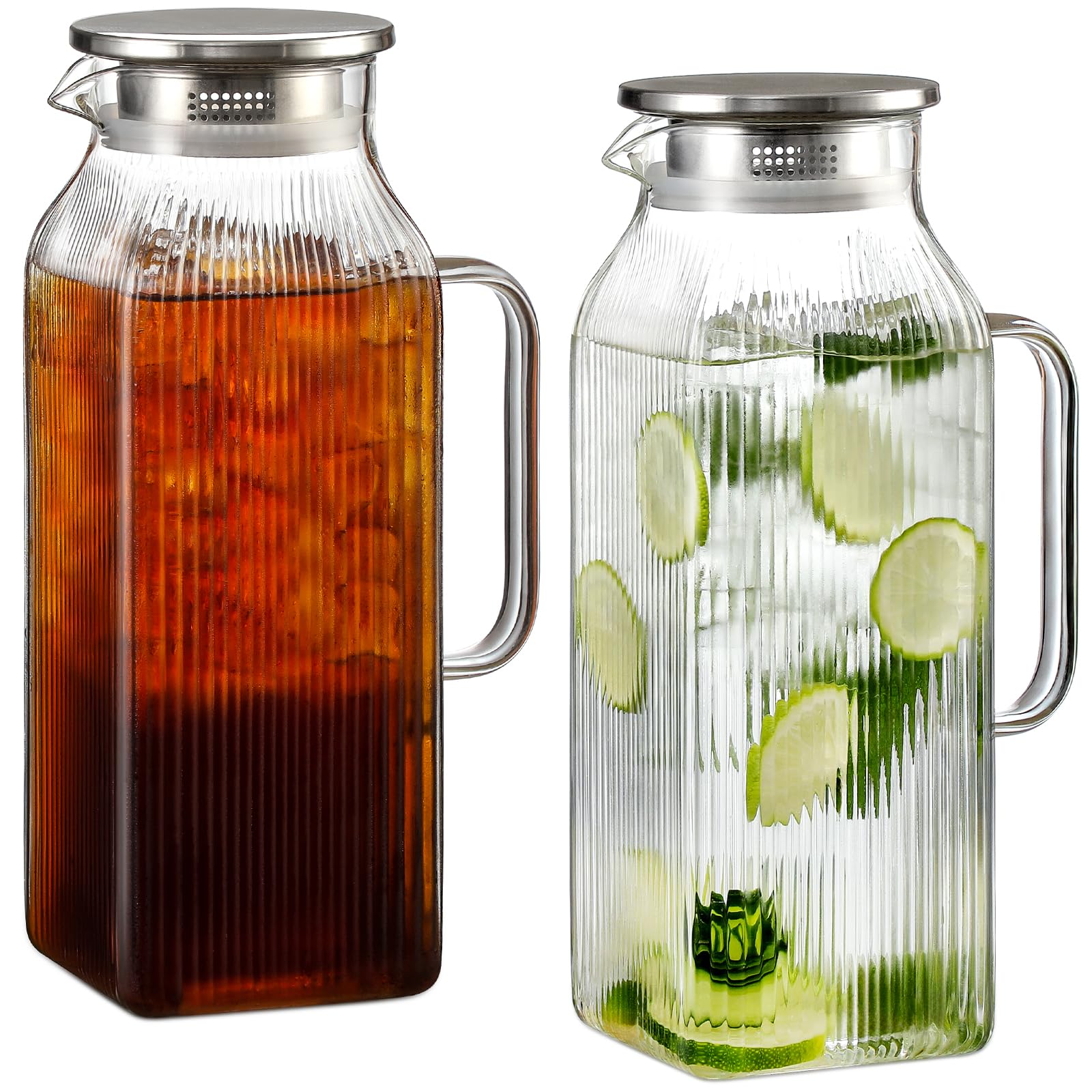 Photo 1 of 2 Pack 2 Liter/68 oz Square Glass Pitcher with Lid, Classic Stripes Water Pitchers with Handle for Fridge, Large Jug for Iced Tea, Coffee, Borosilicate Glass Carafe for Hot/Cold Brew Drink, Silver