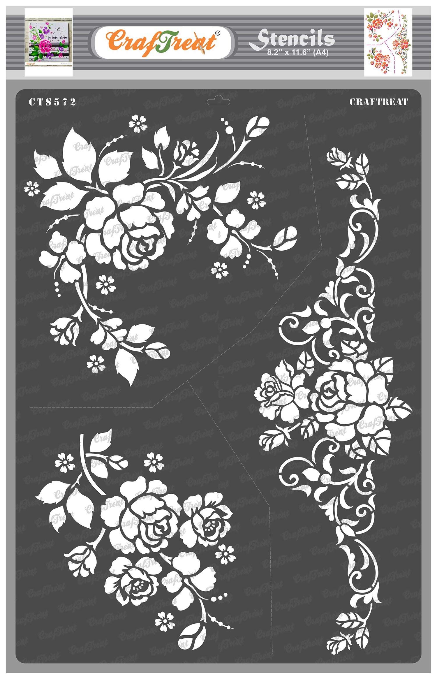 CrafTreat Rose Stencil for Crafts - Reusable Vintage A4 Bouquet of Roses - Flower Stencil for Furniture Painting, Canvas, Fabric, Garden, Wood - Floral Design