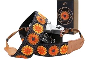 Padwa Lifestyle Hollow Crochet Orange Daisy Camera Strap - Double Layer Cowhide Ends,2" Cotton Vintage Camera Straps, Adjustable Neck Shoulder Strap for All DSLR Cameras,Great Gift for Photographers