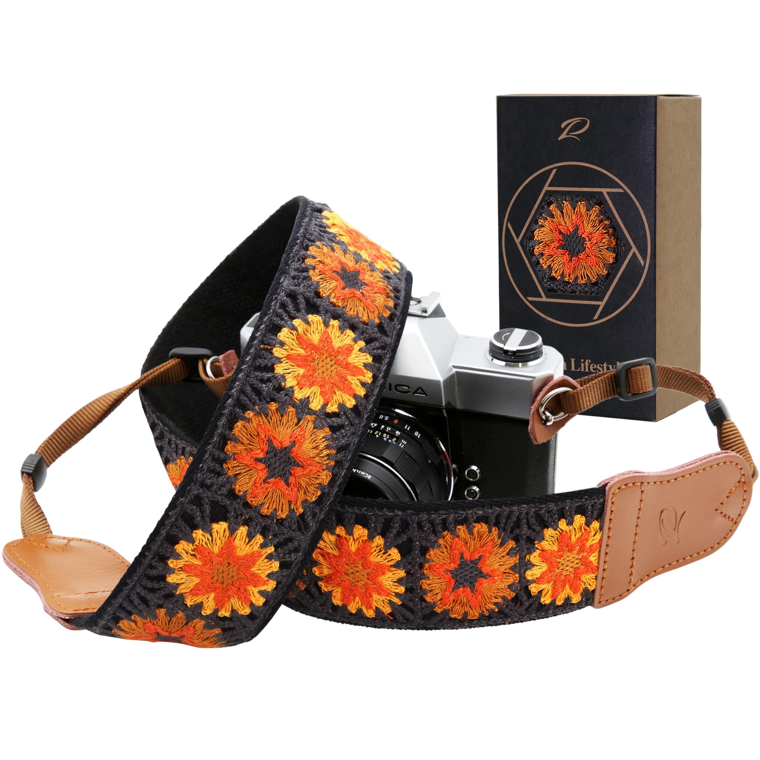 Padwa Lifestyle Hollow Crochet Orange Daisy Camera Strap - 2" Wide Cowhide Head, Embroidered Cotton Woven Vintage Camera Straps,Universal Neck & Shoulder Strap for All DSLR Cameras and Photographers