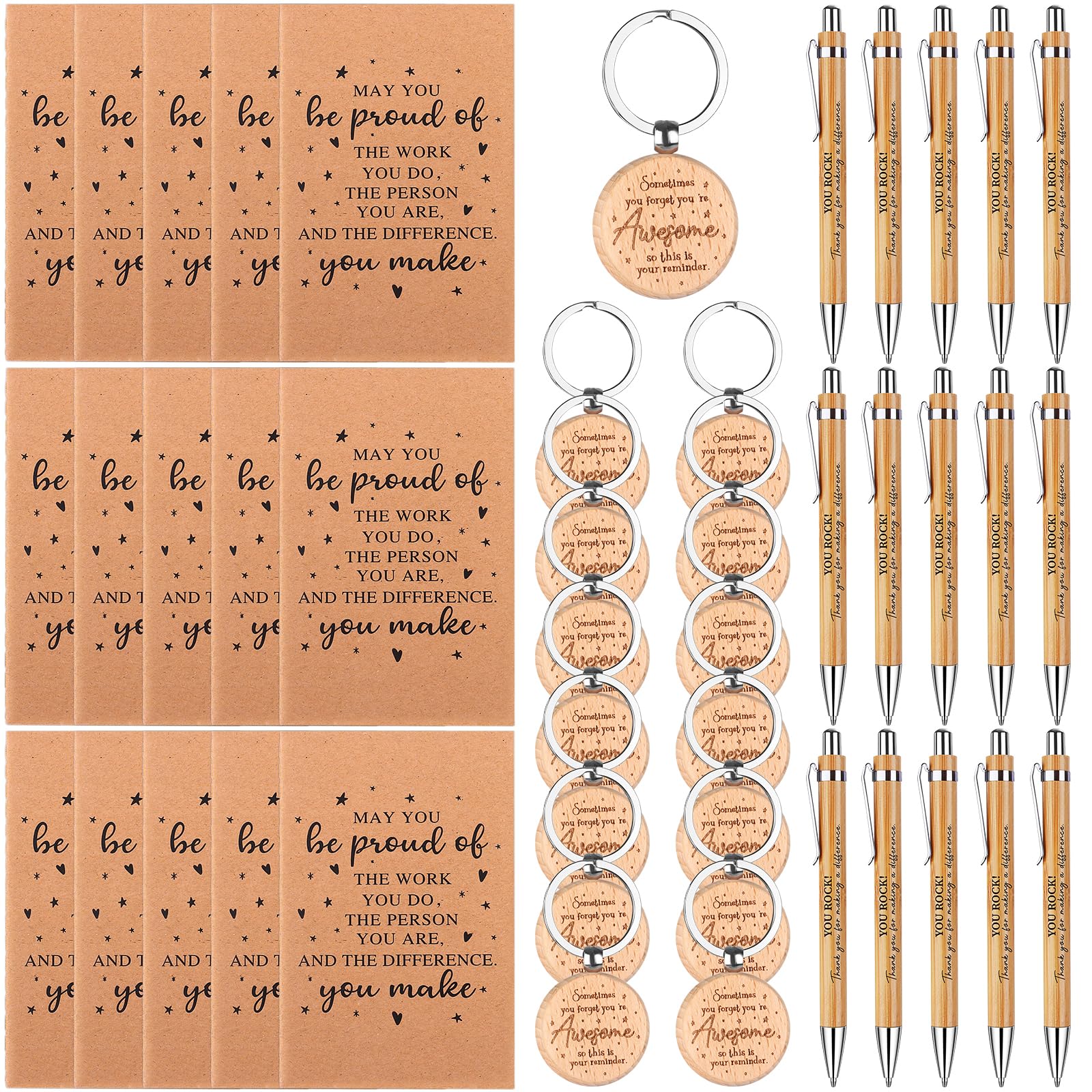 HAOWANWW 45Pcs Inspirational Employee Appreciation Gifts Bulk Thank You Notebooks Thanks You Ballpoint Pens Wooden Inspirational Keyring Thank You Gifts for Friends Colleagues Teacher Women Men