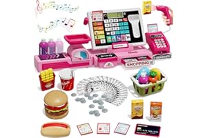 Wee Wonders 63PCS Cash Register for Kids, Kids Cash Register with Real Calculator, Pretend Play Store with Music/Motorized Conveyor/Play Money/Food Toys, Learning Toys for Boys Girls 3+, Pink