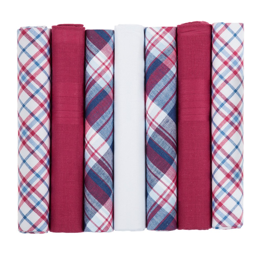 7 Pack Mens Handkerchiefs Red Blue and White Coloured Plain Plaid Check Mixed Gents Gentlemens 100% Soft Cotton Suit Pocket Handkerchieves Hankies For Men - Supplied Boxed