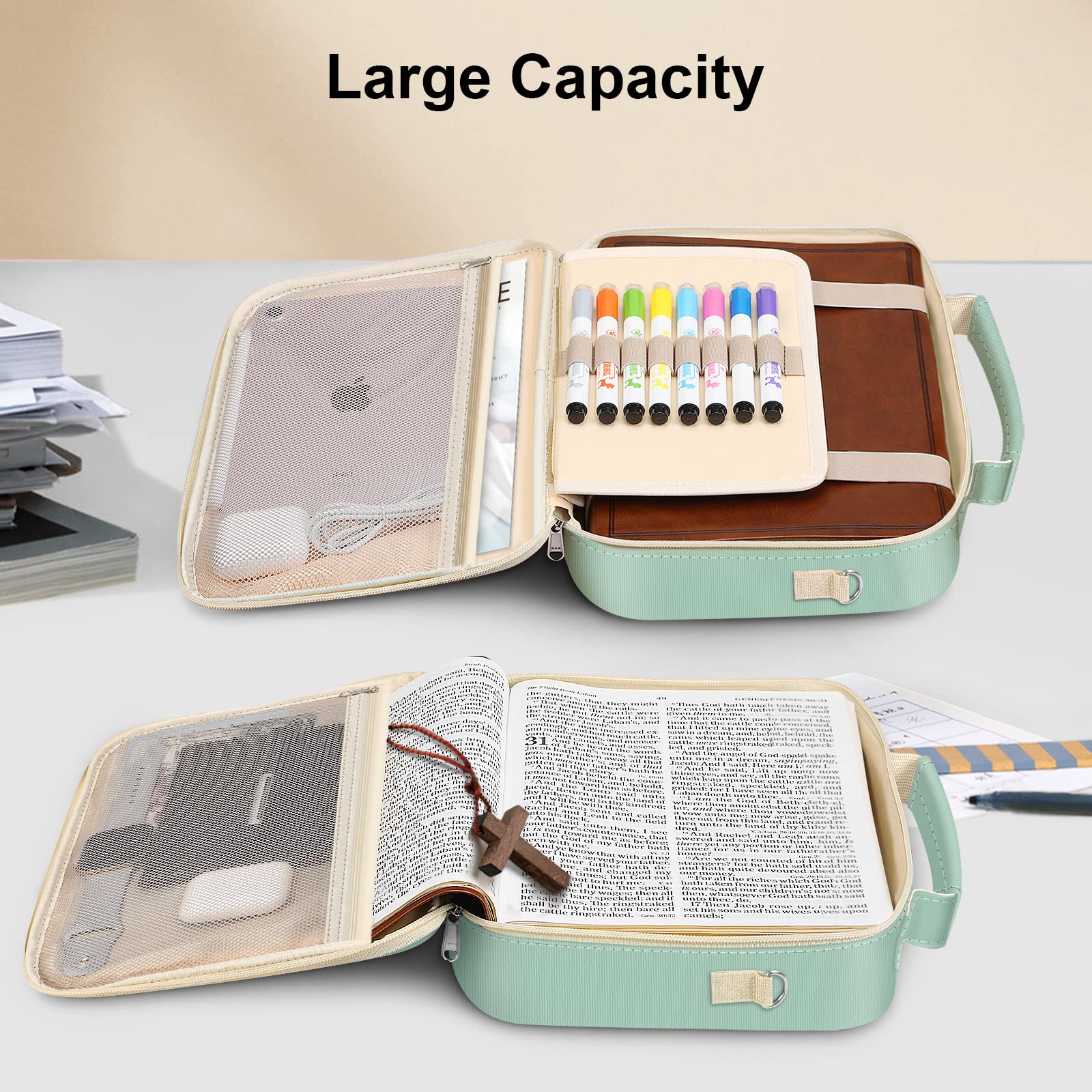 FINPAC Large Bible Cover w/Shoulder Strap, Carrying Book Case Church Bag Bible Protective w/Pen Slots and Zippered Pocket, Gift for Women Lady, Light Green