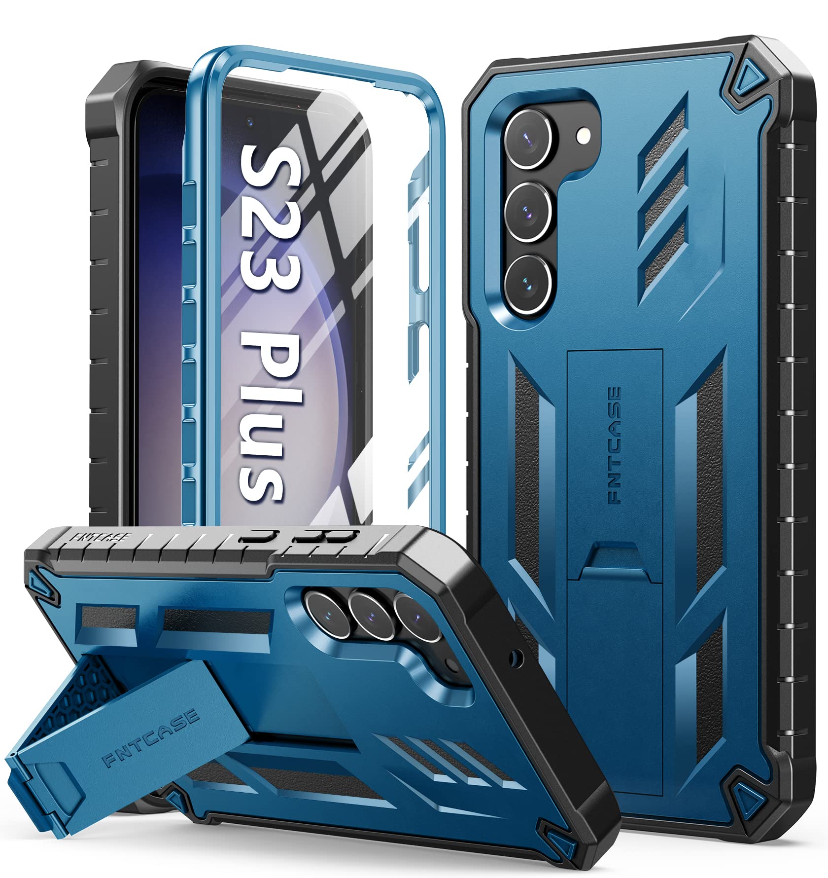 Photo 1 of FNTCASE for Samsung-Galaxy S23+Plus Case: Dual Layer Protective Textured Cover & Rugged TPU Shell with Kickstand | Military Grade Drop Protection | Heavy Duty Cell Phone Protector(Blue)