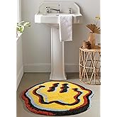 Estmy Be Happy Cute Retro Vintage Bathroom Rugs 2ft Round Bath Mat Non Slip Washable, Groovy Funky Colorful Abstract Hippie Trippy Aesthetic Kids Bath Rug Shaggy Floor Mat, Housewarming Funny Gift