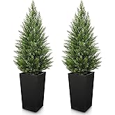 Briful Artificial Cedar Topiary Trees 4ft, Set of 2 Faux Potted Christmas Porch Trees Cypress Sbrubs, UV-Resistant Front Door Greenery in Tall Black Planter for Indoor Outdoor Holiday Décor
