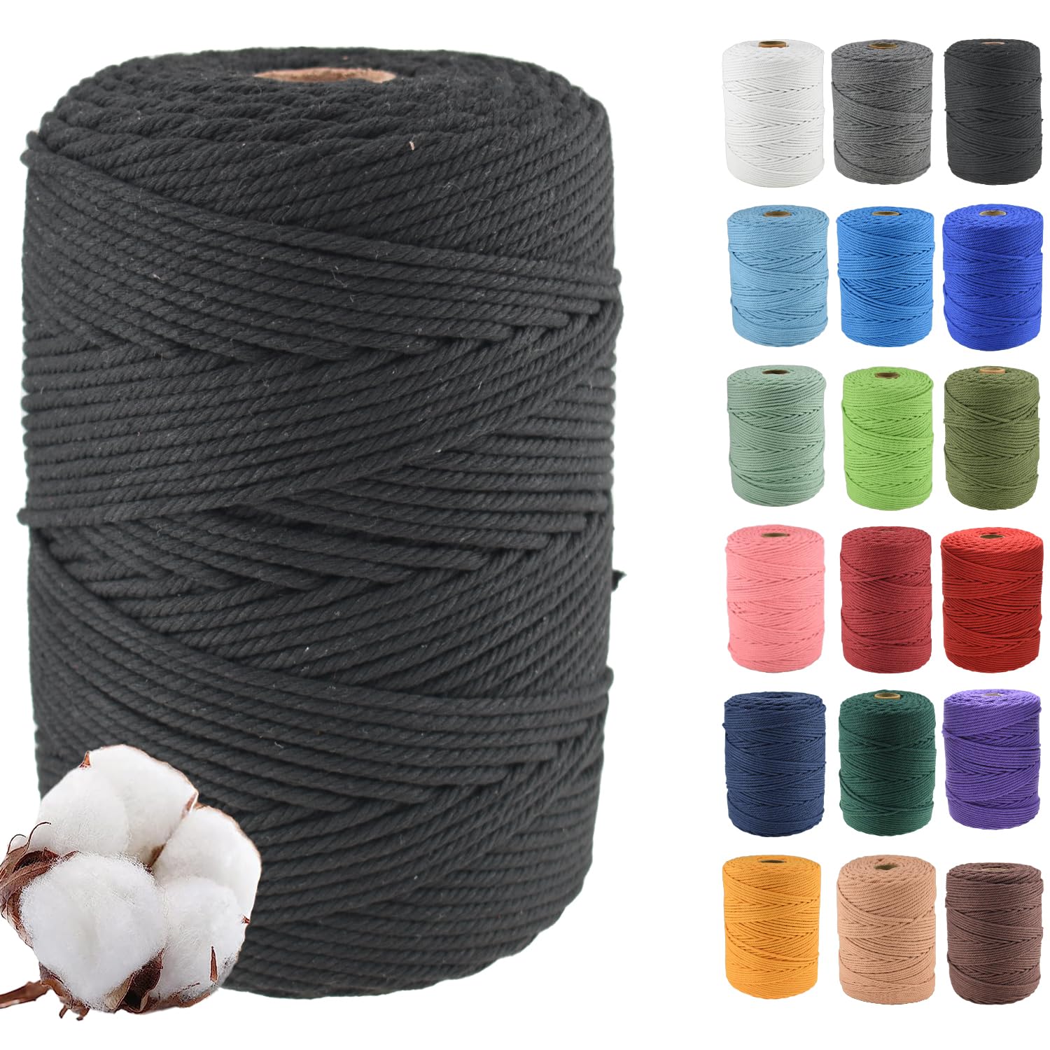 Klhamky 3mm×500m Macrame Cotton Cord, Soft 4 Strand Twisted 100% Natural Cotton for Handmade Wall Hanging, DIY, Craft Making, Knitting, Plant Hangers, Decorative Projects (3mm×500m, Black) — image 1