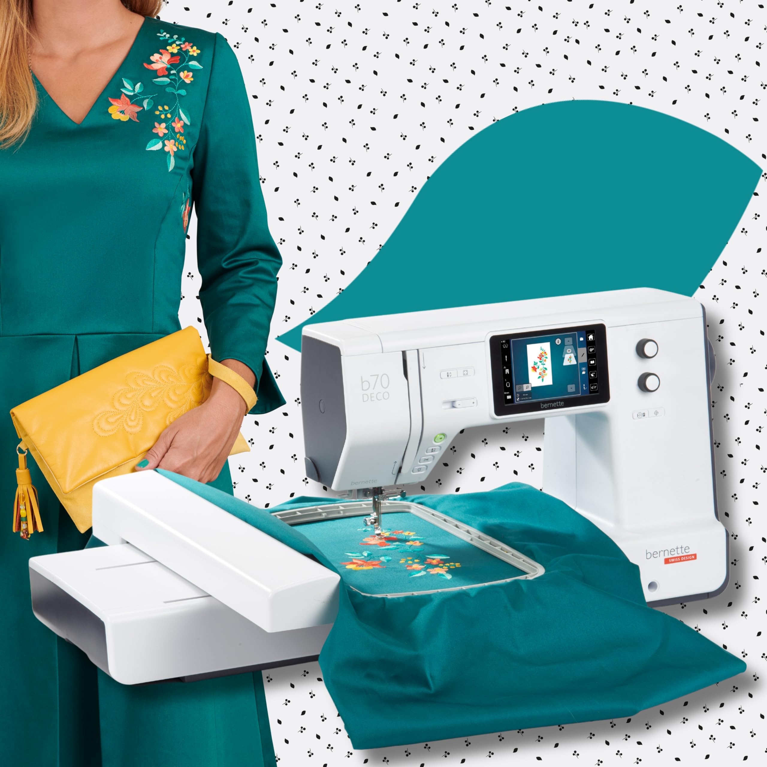Bernette B70 Deco Embroidery Machine with 260x160mm Area, 208 Motifs, Creator V9 Software, 5-Inch Touch Screen, Multi-Function Knobs, Thread Sensors, Accessories, Needles, Bobbins & Threader