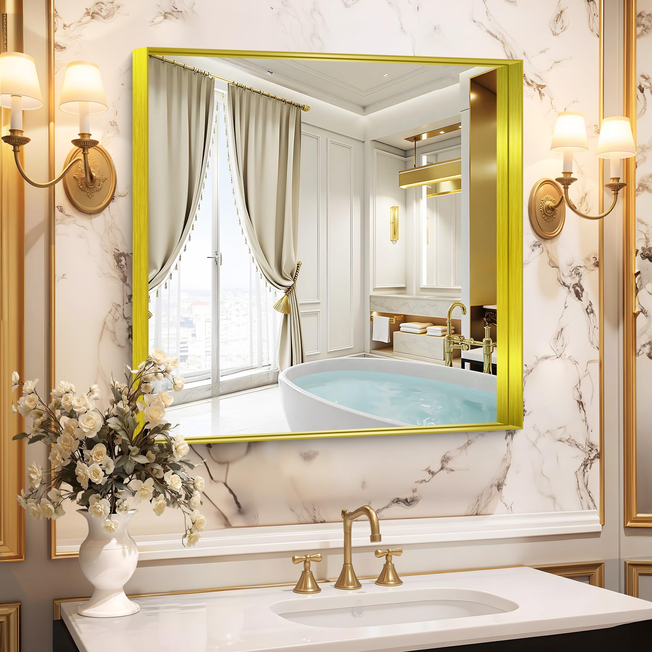 Photo 1 of CIRCUMI Gold Bathroom Mirror, 30"x30" Rectangular Mirror with Deep Metal Frame, Brushed Finish, Tempered Glass, Square Mirror for Wall, Oversink, Bedroom, Living Room, Vanity, Entryway, Crystal-Clear