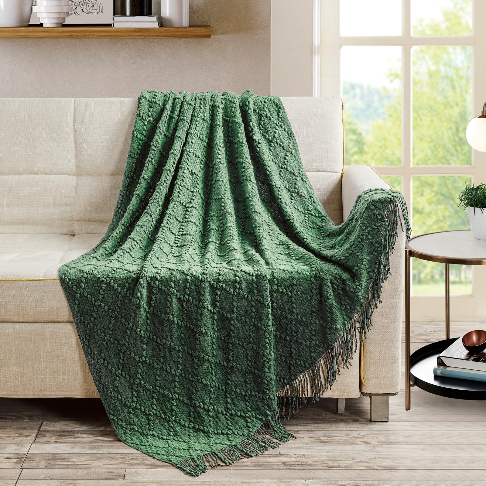 BOURINA Throw Blanket Textured Solid Soft Throws and Blankets for Sofa or Bed Knitted Decorative Blanket 127x178cm Green — image 1