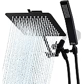 G-Promise All Metal 8 Inch Dual Square Shower Head with Handheld Spray Combo, Rain Shower Head, Adjustable Extension Arm, 3-Way Diverter, 71 Inch Extra Long Hose - A Bathroom Upgrade (Matte Black)