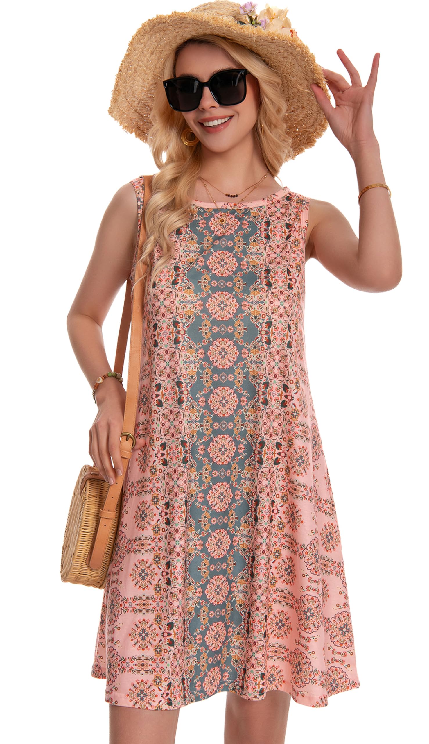 Summer Dresses for Women Beach Boho Sleeveless Vintage Floral Flowy Pocket Tshirt Tank Sundresses
