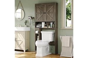 Furniouse 32.3''W Over The Toilet Storage Cabinet Bathroom Organizer with Barn Doors & Adjustable Shelf Free Standing Toilet Shelf Cabinet with Toilet Paper Holder, Gray