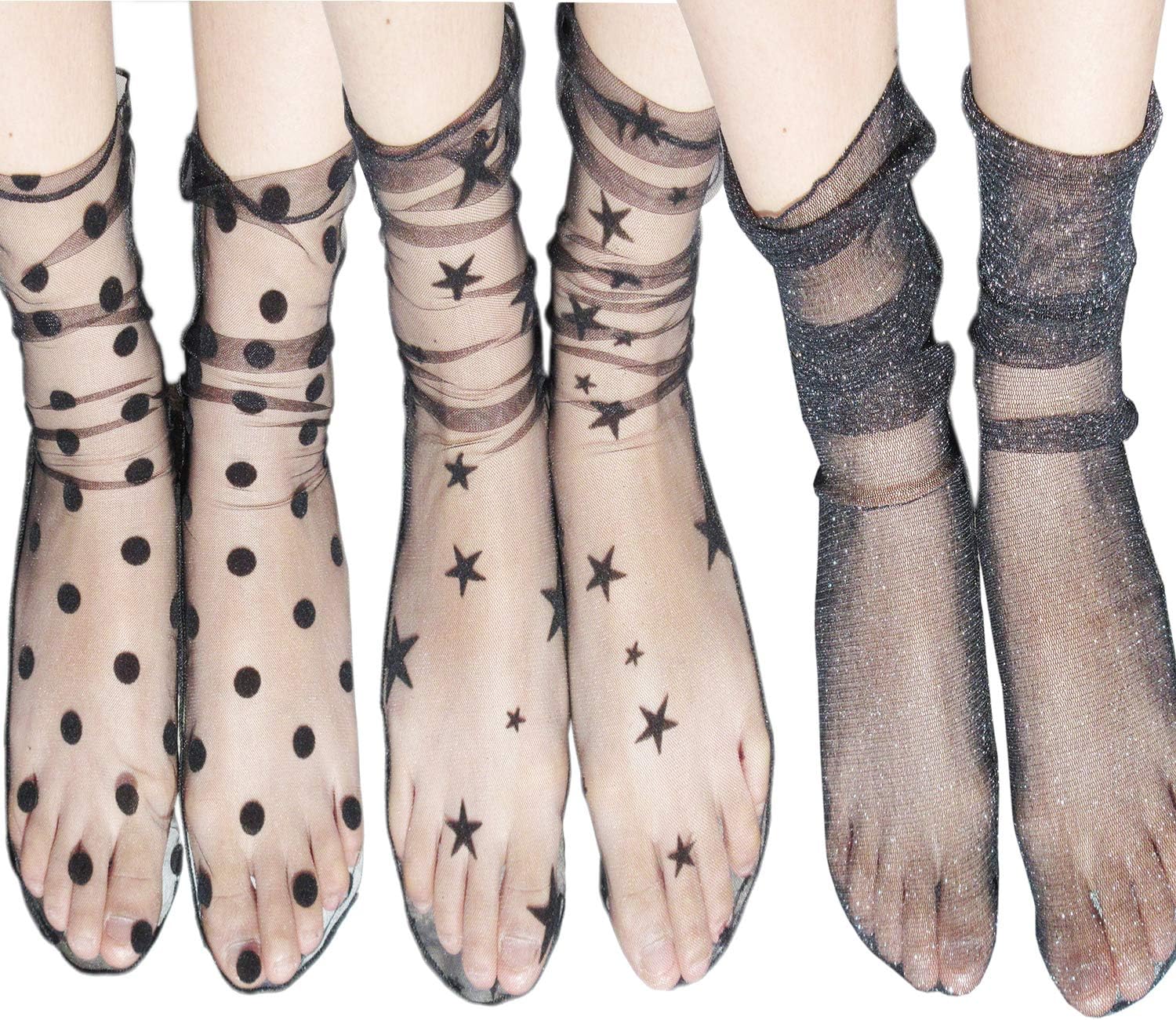 3 Pairs Women Girl Sexy Ultrathin Transparent Lace Fishnet Mesh Voile Anklet Pile Heap Slouch Sock Silk Stockings