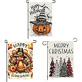 3 Pack Happy Halloween Thanksgiving Christmas Garden Flag12 x 18 inch Double Sided Outside decorations,Holiday Pumpkin Turkey Xmas Tree Small Garden Flags For Outdoor Yard Lawn