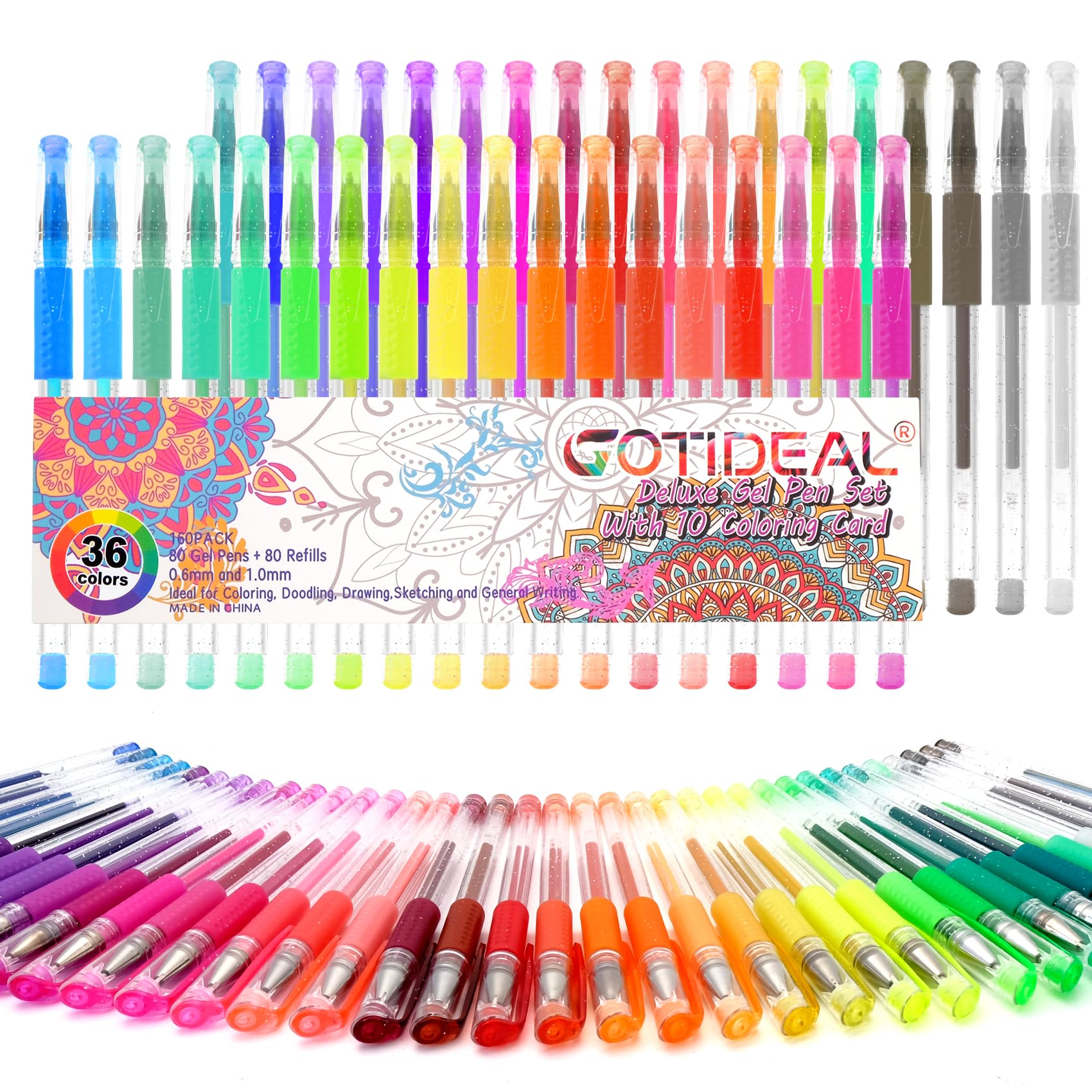 GOTIDEAL 36pcs Glitter Gel Pens for Coloring, Colored Gel Pens for Adult Coloring Kids Doodling Scrapbooking Drawing Writing Sketching