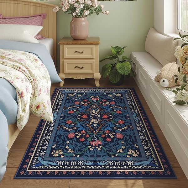 VOWKTEN AREA RUG 4X6 RUG WASHABLE VINTAGE FLORAL BOTANICAL RUGS NON SLIP LOW PILE SMALL CARPET FOR BEDROOM, BEDSIDE, KIDS ROOM, OFFICE, DINING ROOM, BLUE