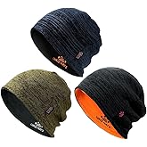 3 Pack Reversible Winter Fleece Lined Beanie Hats for Men Women Warm Windproof Cotton Stretchy Knitted Skull Caps