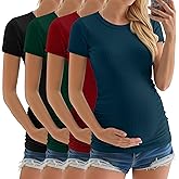 Neer 4 Pack Women's Maternity Shirts Ribbed Short Sleeve Maternity Tops Crew Neck Cotton Tee Side Ruched Pregnancy Clothes