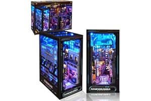MOCUBA Book Nook Kit, DIY Miniature Dollhouse Booknook Kit,Cyberpunk 3D Wooden Puzzle Bookend Bookshelf Insert Decor with LED Light for Teens and Adults,Tiny Model Craft Kits to Build(Future)