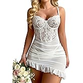 Girece Sexy Lingerie for Women Bridal Lingerie Lace Babydoll Underwire Push Up Nightgown Mesh Ruffle Hem Chemise(White,S)