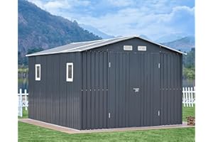 VanAcc 10x12x7.5 FT Outdoor Storage Shed with 2 Clear Panels Hinged Double Doors 4 Vents, Backyard Metal Shed for Garden, Patio, Dark Grey/White