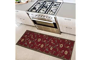 OTTOMANSON Machine Washable Floral Leaves Design Non-Slip Rubberback 2x5 Traditional Runner Rug for Hallway, Kitchen, Bedroom, Entryway, 20" x 59", Red