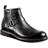 FUNROMAN Men's Motorcycle Style Ankle Boots, Black Faux Leather Dress Boots with Side Zipper and Buckle Strap M01