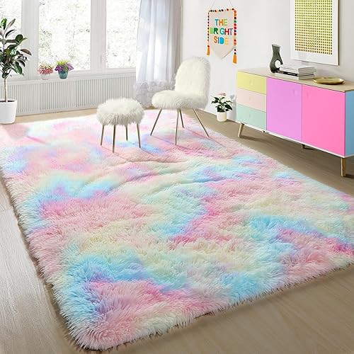 PAGISOFE 4x6 Rainbow Fluffy Soft Plush Area Rugs for Girls Bedroom, Shaggy Vibrant Rugs for Kids Playroom,Kawaii Princess Fuzzy Rugs for Nursery Baby Toddler,Cute Colorful Room Decor for Teenage