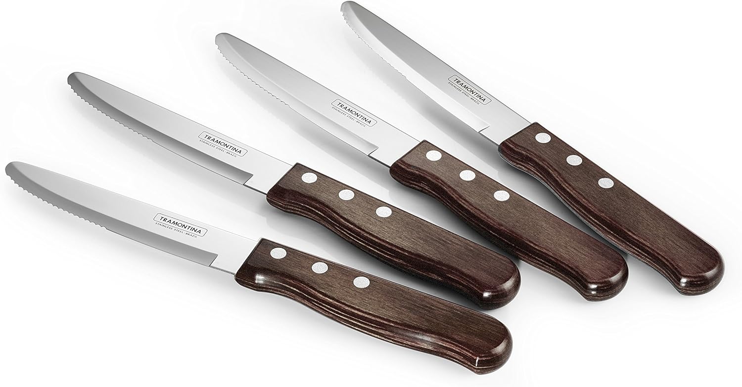 Tramontina P-500DS Porterhouse Stainless Steel 4-Piece Steak Knife Set, Rounded Tip, Polywood Handle, Made in Brazil: Kitchen & Dining